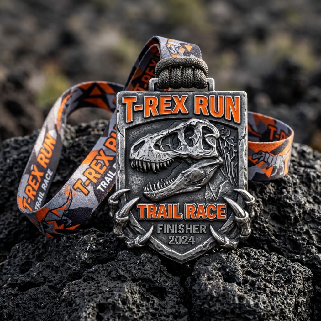 Medalha Finisher em relevo 3D de ferro fundido T-Rex Run
